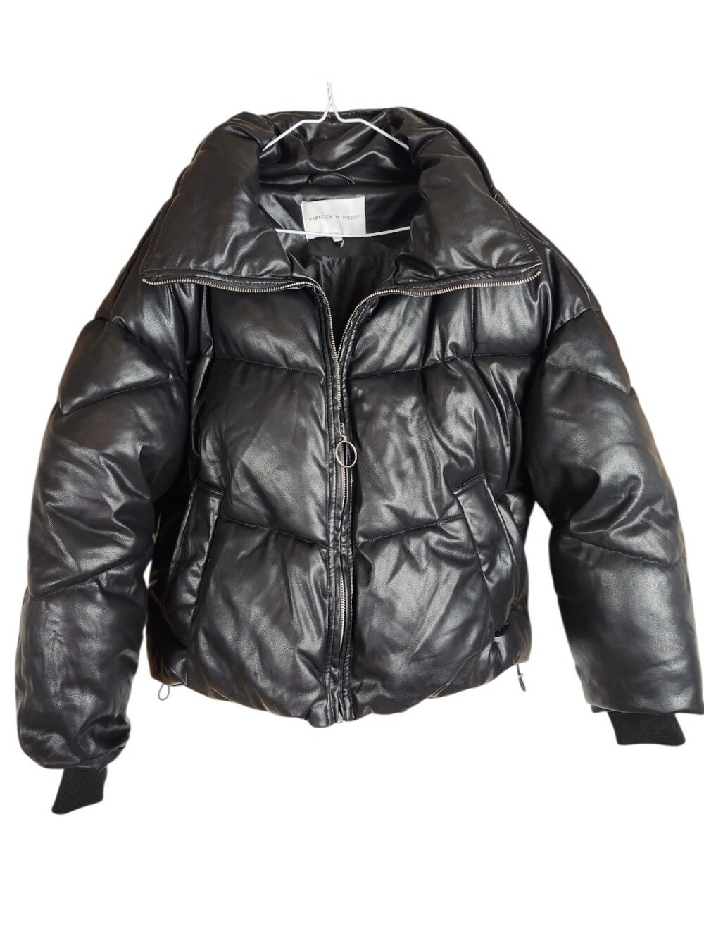 Rebecca Minkoff Womens Kusi Faux Leather Puffer Jacket Black Cinch Cropped Sz S